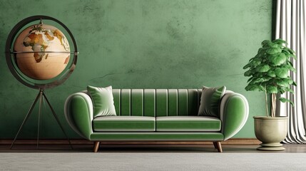 A green couch is positioned in a modern living room next to a wooden table with a globe shaped lamp on it.