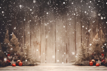 Rustic Christmas Scene with Snowfall, Pine Trees, and Ornaments on Wooden Background, Generative AI