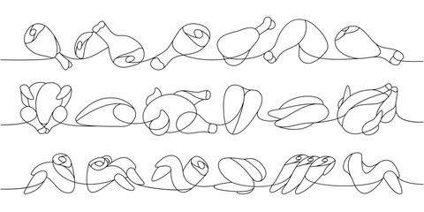 Fresh chicken parts set one line continuous drawing. Raw chicken meat parts continuous one line illustration. Vector minimalist linear illustration.