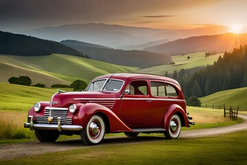 A vintage car parked in a countryside landscape with rolling hills and vibrant flowers generated by AI tool
