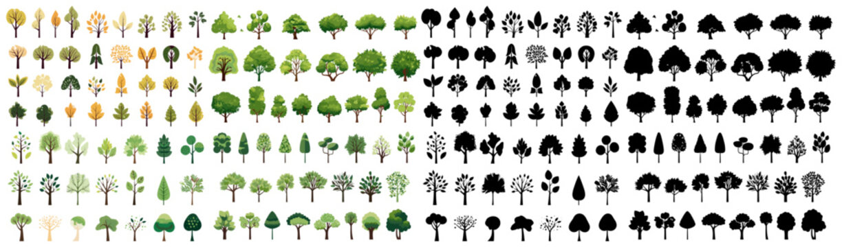 set of tree illustration and silhouettes. isolated on a transparent background. eps 10