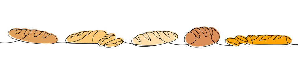 Breads one line colored continuous drawing. Whole grain and wheat bread, ciabatta, french baguette continuous one line illustration.