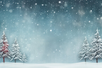 Snowy Blue Backdrop with Christmas Trees and Snowfall Generative AI