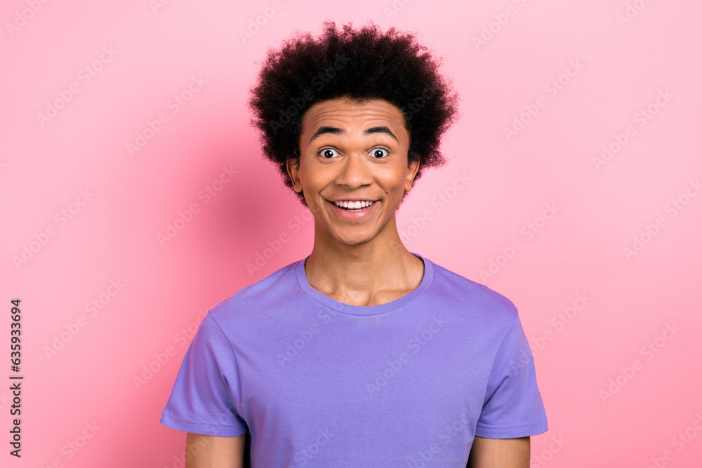 Wall mural photo of positive cheerful astonished man wear purple trendy clothes impressed low rice offer isolat