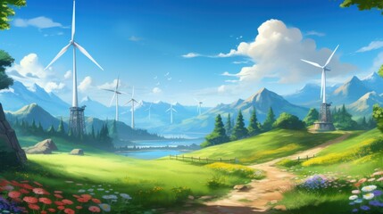 Idyllic world where renewable energy and nature coexist harmoniously, showcasing sustainable technology and lush landscapes game art