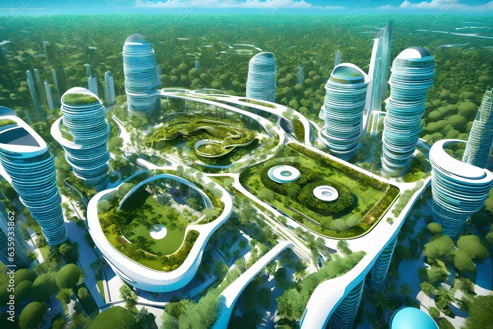 Poster a futuristic world where advanced technology and nature harmoniously coexist - ai generative