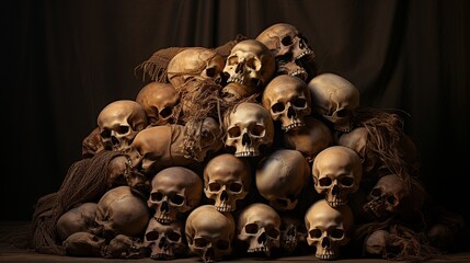 awesome stack of skull and bone on a background made of brown fabric. - obrazy, fototapety, plakaty