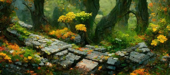 Mystical woodland forest in Autumn with remnants of old druid buildings in ruin. Enchanted magic forest, ancient trees, colorful flowers, peaceful dreamy fairytale fantasy wonderland, generative ai