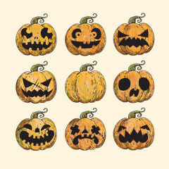 Halloween pumpkins set icon character vector illustration. Pumpkins with scary faces for Autumn festival, harvest  and Halloween day.