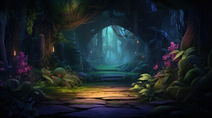 Futuristic wilderness at night, where bioluminescent plants and neon creatures thrive in an electrifying ecosystem