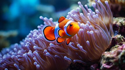 Marine life oceanic backdrop - Captivating clownfish (Amphiprion percula) gracefully navigating a vibrant coral reef, showcasing the endearing charm of this adorable anemone fish.  - obrazy, fototapety, plakaty