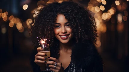 Fotobehang New Year's Eve Party / Happy New Year 2024 background for greeting cards - A young woman holding a sparkler in her hands, alongside a bottle of sparkling wine or champagne and glas © Julia