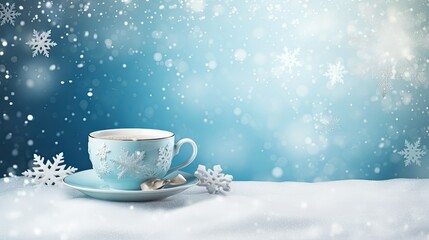 Winter banner mockup with tea or coffee cup on snow with blue background. Empty space for product placement or promotional text.