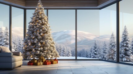 Interior of a hotel room or apartment with a Christmas tree and a view of the snow-capped mountains through the window.