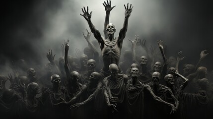 Evil spirits' hands and arms extend to the top..