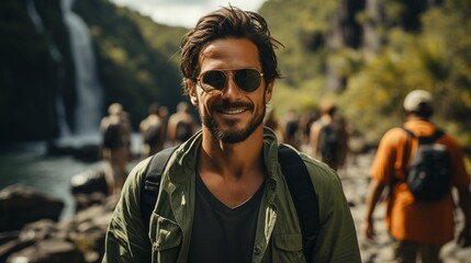Fototapeta premium A handsome visitor to a national park takes a selfie in front of a waterfall. .
