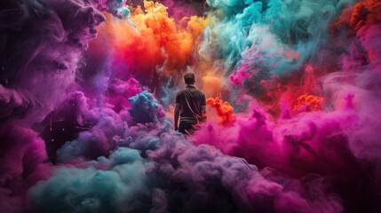 Person engulfed in neon colored chalk smoke. Concept of Colorful haze, artistic expression, vibrant smoke, chalk art, immersive ambiance, vibrant colors, sensory experience, colorful atmosphere.