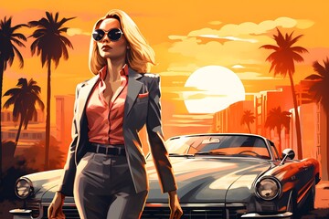 Miami Vice Sunset Business Blonde Girl and Classic Car 