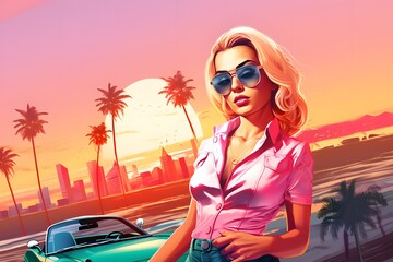 Miami Vice Sunset Business Blonde Retro Girl 
