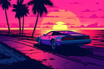 Foto op Canvas Miami Vice Sunset Classic Car and Palm Trees © Filip Studios