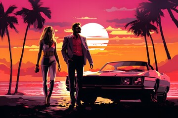 Miami Vice Sunset Gangster Blonde and Classic Car VIntage