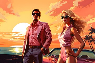 Miami Vice Sunset Mobster, Blonde & Classic Car