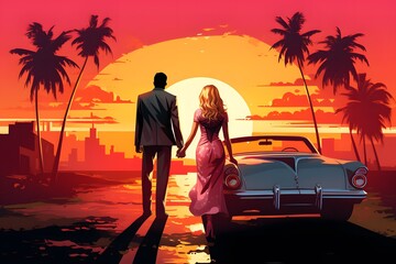 Miami Vice Sunset Serenade Mobster, Blonde & Classic Car 