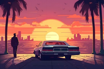 Miami Vice Sunset Whispers Mobster, Palm Trees & Luxury Life