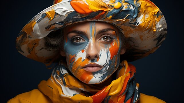 Bring the colours to life. Young woman posing in a studio with a french hat on her head and multicoloured face paint..