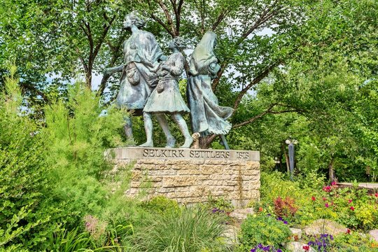 Monument to the Selkirk Settlers, erected in 2008, to commemorate the 19th century Scots who settled after the Highland Clearances, Waterfront Drive, Winnipeg, Manitoba, Canada, North America