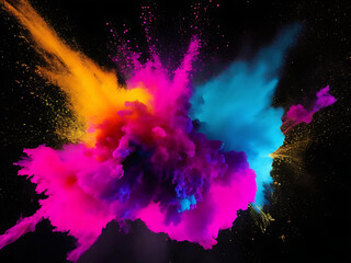 Holi paint rainbow multi colored powder explosion on black background. Abstract 3d explosion wallpaper generated ai - obrazy, fototapety, plakaty