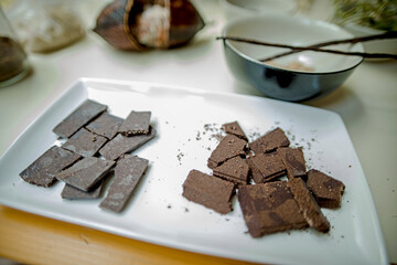 Chocolate processing in Modica, Sicily, Italy. Raw cacao pods and beans in a chocolate factory.
