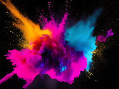 Holi paint rainbow multi colored powder explosion on black background. Abstract 3d explosion wallpaper generated ai