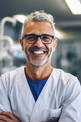 Man in white lab coat and glasses smiles at the camera with his arms crossed.