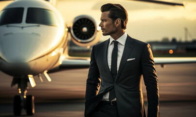 Successful Businessman in Suit at Airport with Private Jet: A successful businessman in a suit stands at the airport, waiting to board his private jet.