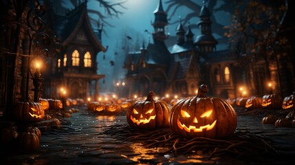 spooky night with pumpkins in graveyard - Halloween background .