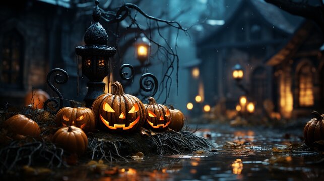 spooky night with pumpkins in graveyard - Halloween background .