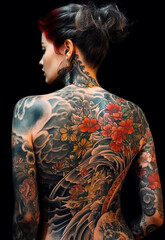 Woman with tattoo on her back is looking at the sky and clouds.