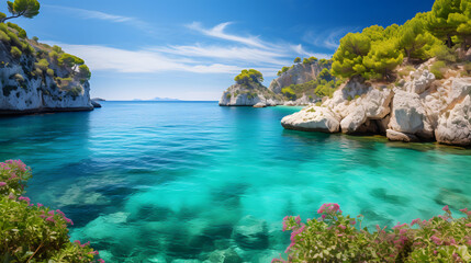 Immerse yourself in the Mediterranean's natural wonders with this captivating image. Pristine beaches stretch as far as the eye can see, lapped by gentle waves that invite you to dip your toes in the - obrazy, fototapety, plakaty