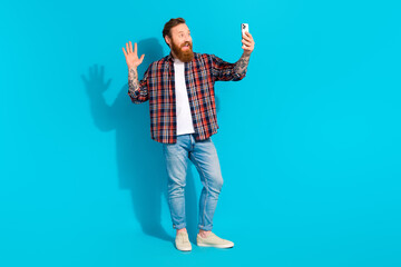 Full body photo of selfie recording video call hipster red hair businessman hello symbol greetings...