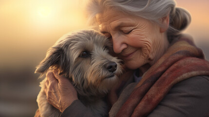 Naklejka na ściany i meble Grandmother elder woman hugging dog companion. Concept of Intergenerational bond, pet companionship, dog's comfort, loving embrace, senior and dog connection, furry friend, elder's joy.