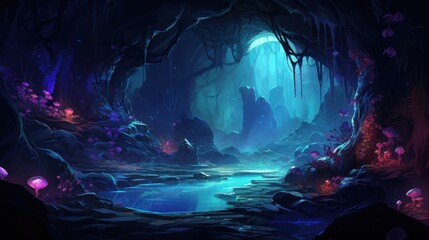 Futuristic wilderness at night, where bioluminescent plants and neon creatures thrive in an electrifying ecosystem