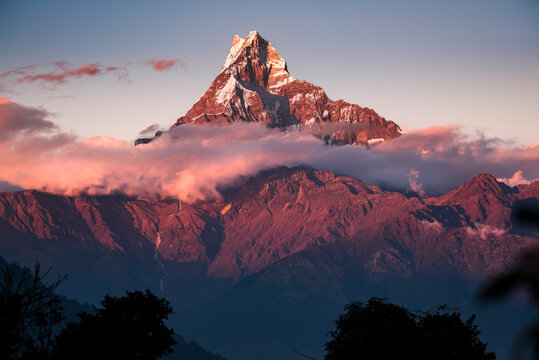 Anapurna peak over the clouds deep in the Himalayas at sunrise, Australian Camp, Nepal, Asia