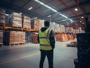 Fotografía de un experto en logística en un almacén, coordinando la logistica de  distribución global.