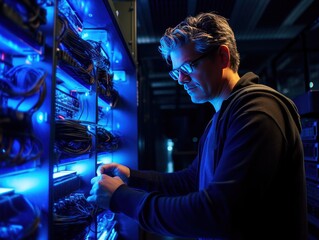 Fotografía que muestra a un gurú tecnológico en una sala de servidores, las luces azules componiendo una sinfonía digital. - obrazy, fototapety, plakaty
