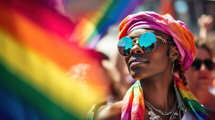 LGBTQ+ African American woman walking in parade with pride flag in background. Rainbow. Concept of Pride celebration, LGBTQ+ representation, diversity in parade, cultural inclusion, solidarity.