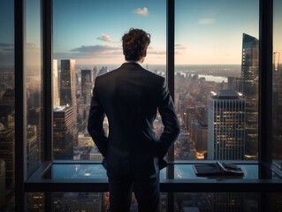 Fotografía de un joven ejecutivo mirando desde un rascacielos, con reflejos de la bulliciosa ciudad delineando infinitas posibilidades.