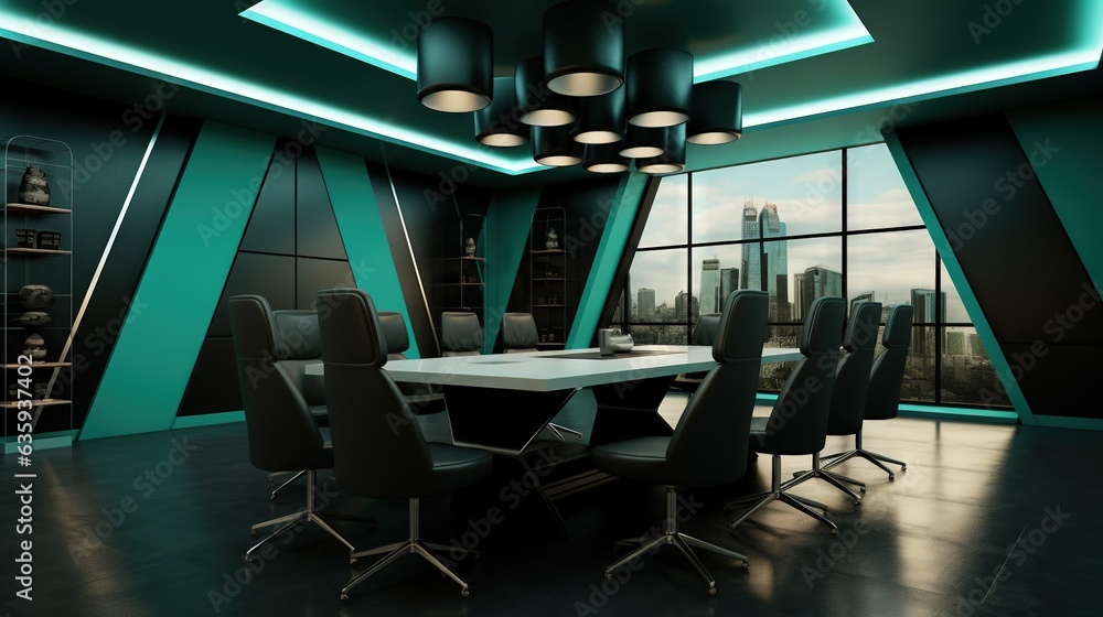 Poster a room with a table and chairs and a large window. generative ai