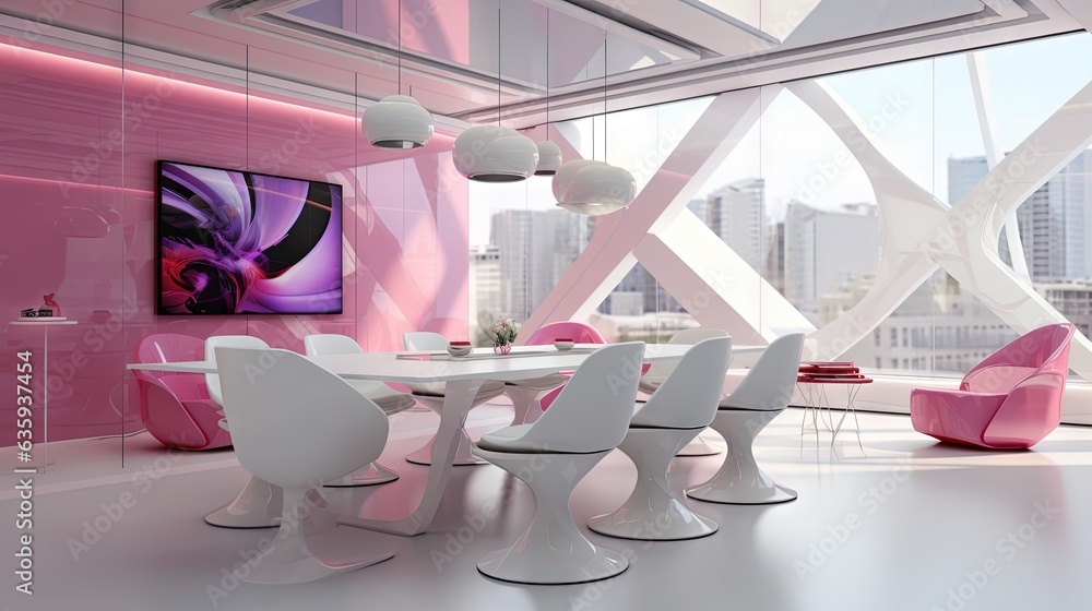 Poster a room with a table and chairs and a large screen. generative ai