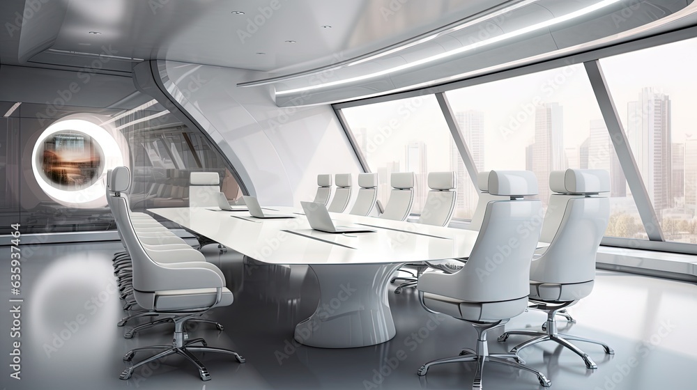 Poster a conference room with white chairs and a round table in front of a large window. generative ai